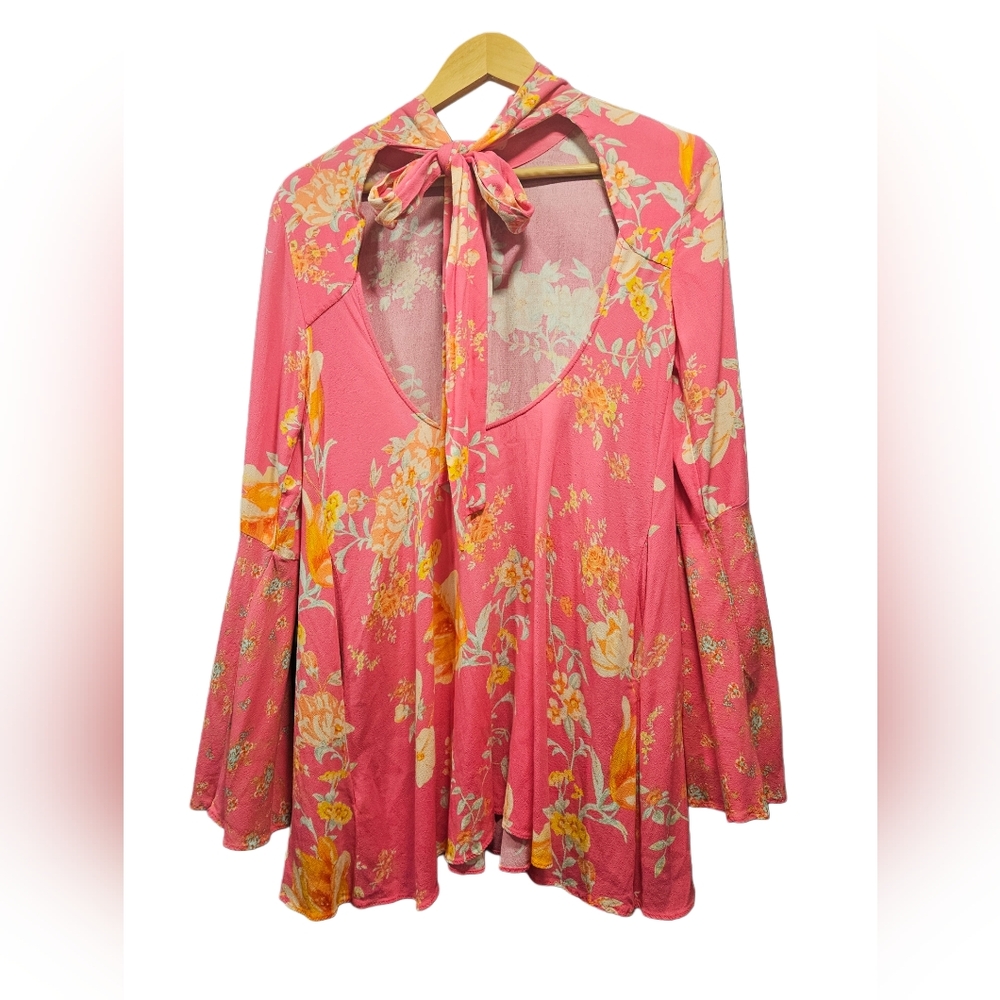 Free People Boho Pink Floral Open Back Bell Sleeve Tunic Mini Dress - Picture 6 of 10